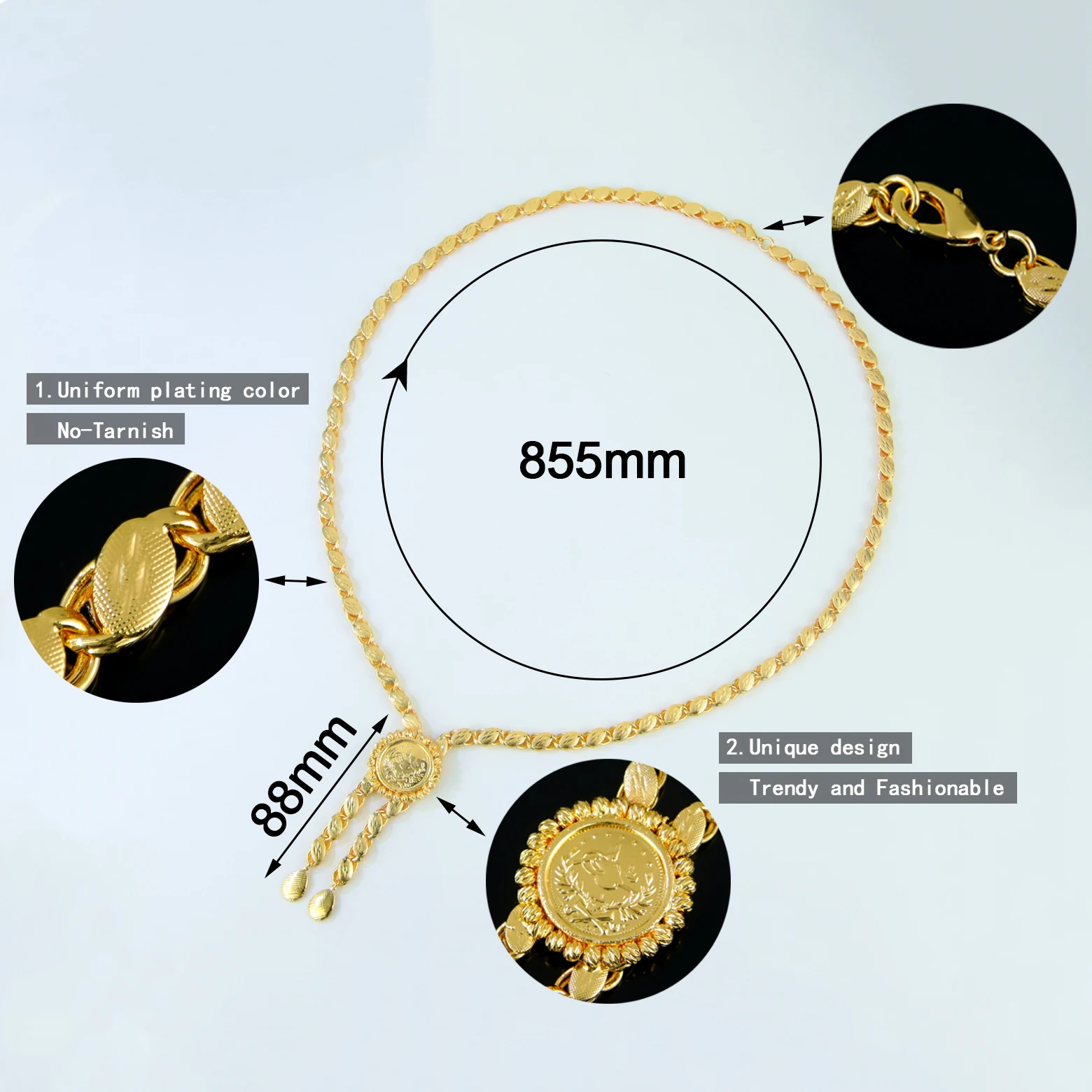 Luxury Arabic Gold Color Long Necklace 24k Gold Plated Turkish Fashion Chokers Dubai Islamic Women Wedding Party Chic Jewelry