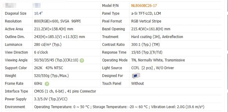 10.4 Inch Original LCD screen NL8060BC26-17 High-Quality Display for Computer Systems