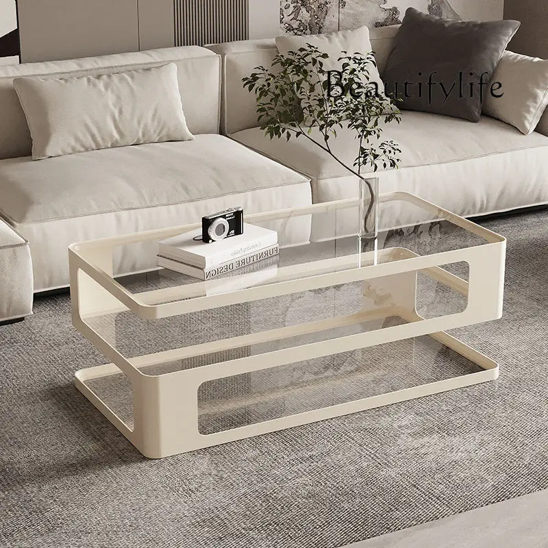 Small Apartment Household Square Iron Small Coffee Table Modern Living Room Tempered Glass Multi-Layer Light Luxury Tea Table