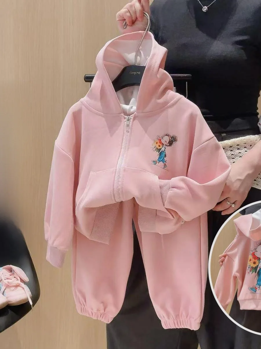 女の子用パーカーセット ジッパー付きフード付きジャケット ベビーおしゃれ オープンカーディガン ツーピーススーツ 秋の新作 カジュアルスポーツウェア