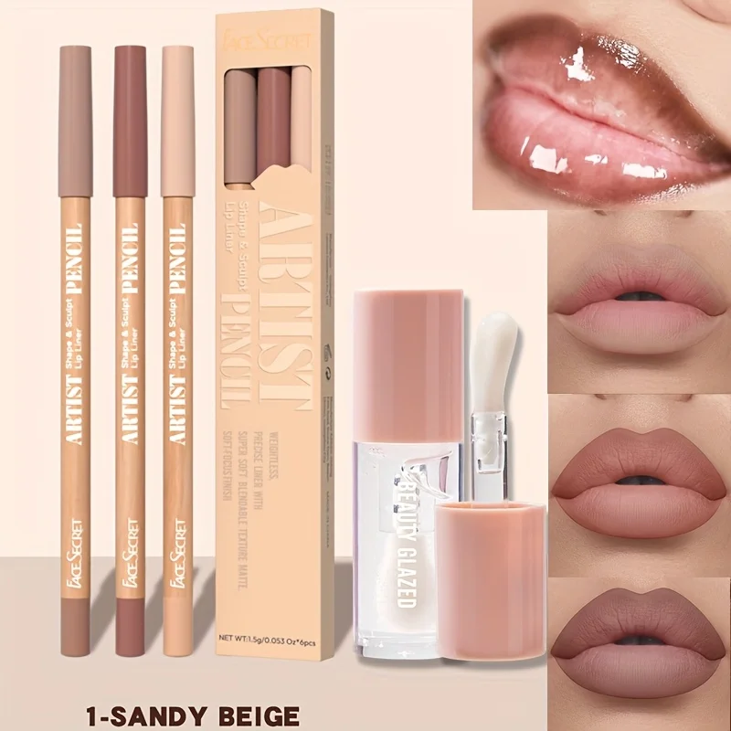 4pcs Matte Lipliner Lip Gloss Combo -Moisturizing Plumping Lip Oil  Lip Liner Set Waterproof & Matte Lip Liner Pencil