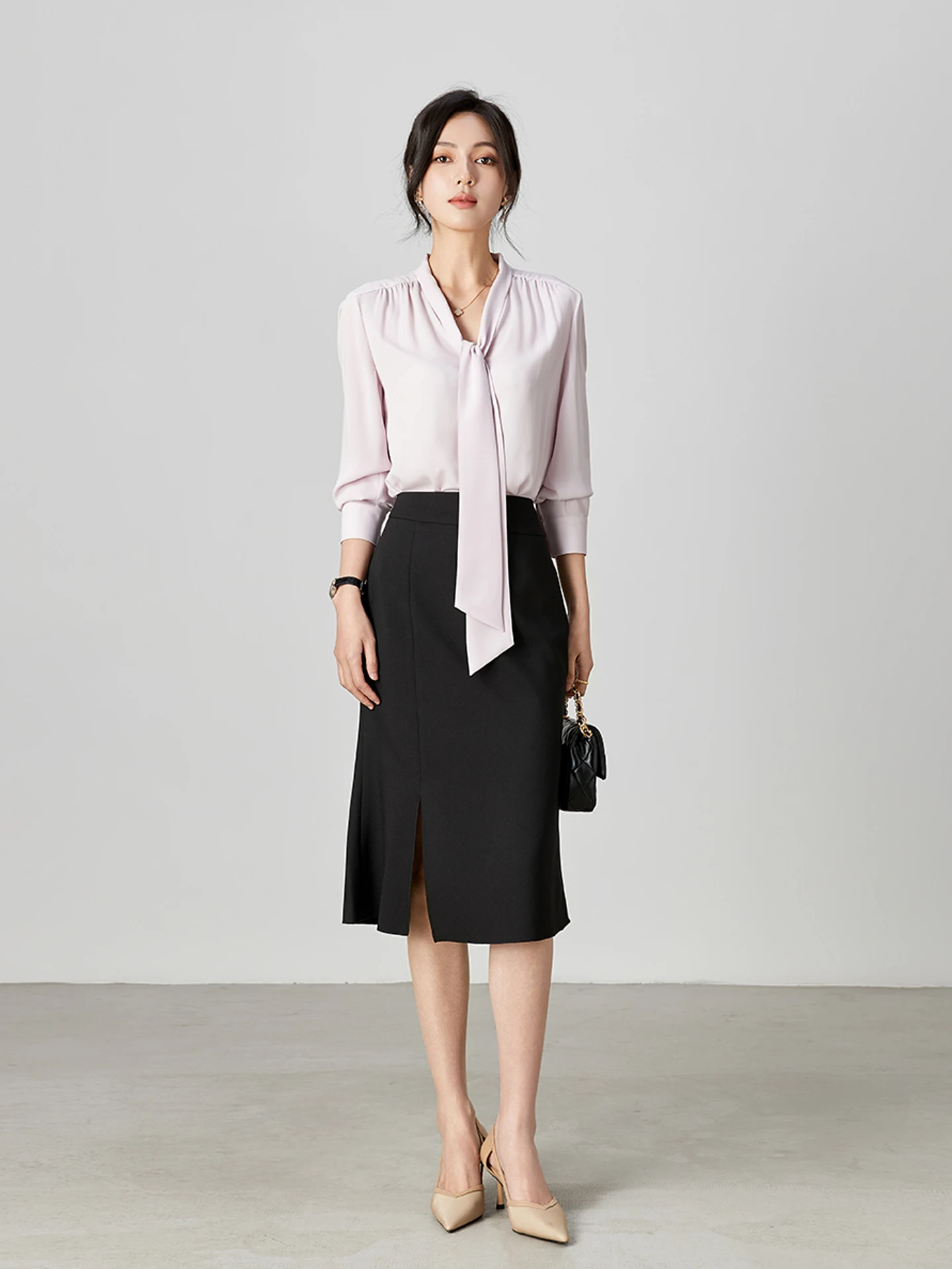 

Elegant Long Sleeve Career Shirt for Women Spring Summer Iron Free Polyester Gown with Sash Commute Style Pink Color