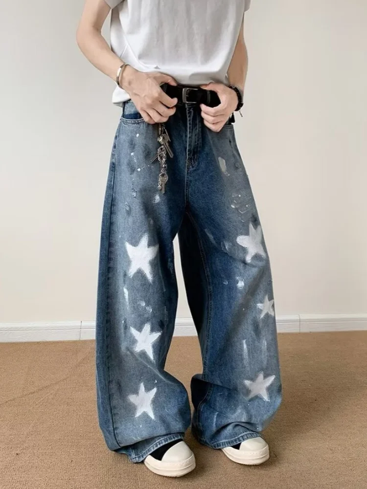 2025 Ropa Y2K Streetwear Stern Gedruckt Gewaschen Blau Baggy Jeans Hosen Für Männer Kleidung Breite Bein Vintage Denim Hosen Moda Hombre – Detail 7