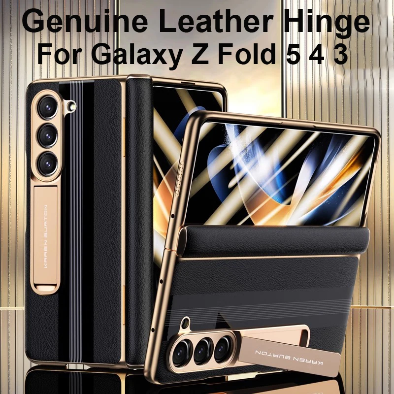 For Samsung Galaxy Z Fold 6 5 Case Hinge Magnetic Plating Genuine Leather Cases Fold 4 3 360 Full Protector Film Kickstand Cover