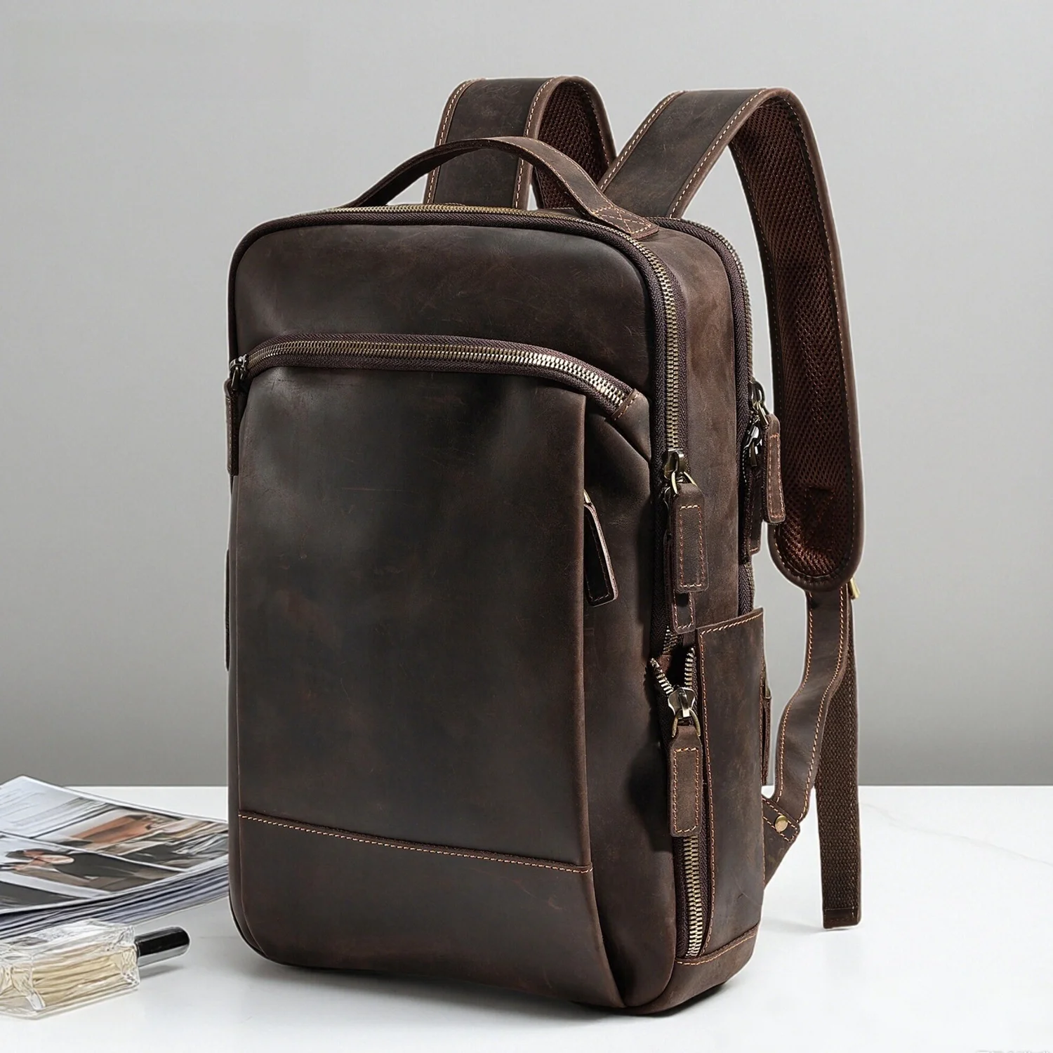 aliexpress leather backpack Mens with Front Pocket, Dark Brown / L The Back Office Backpack blends timeless craftsmanship with everyday function Genuine leather backpack-AliExpress