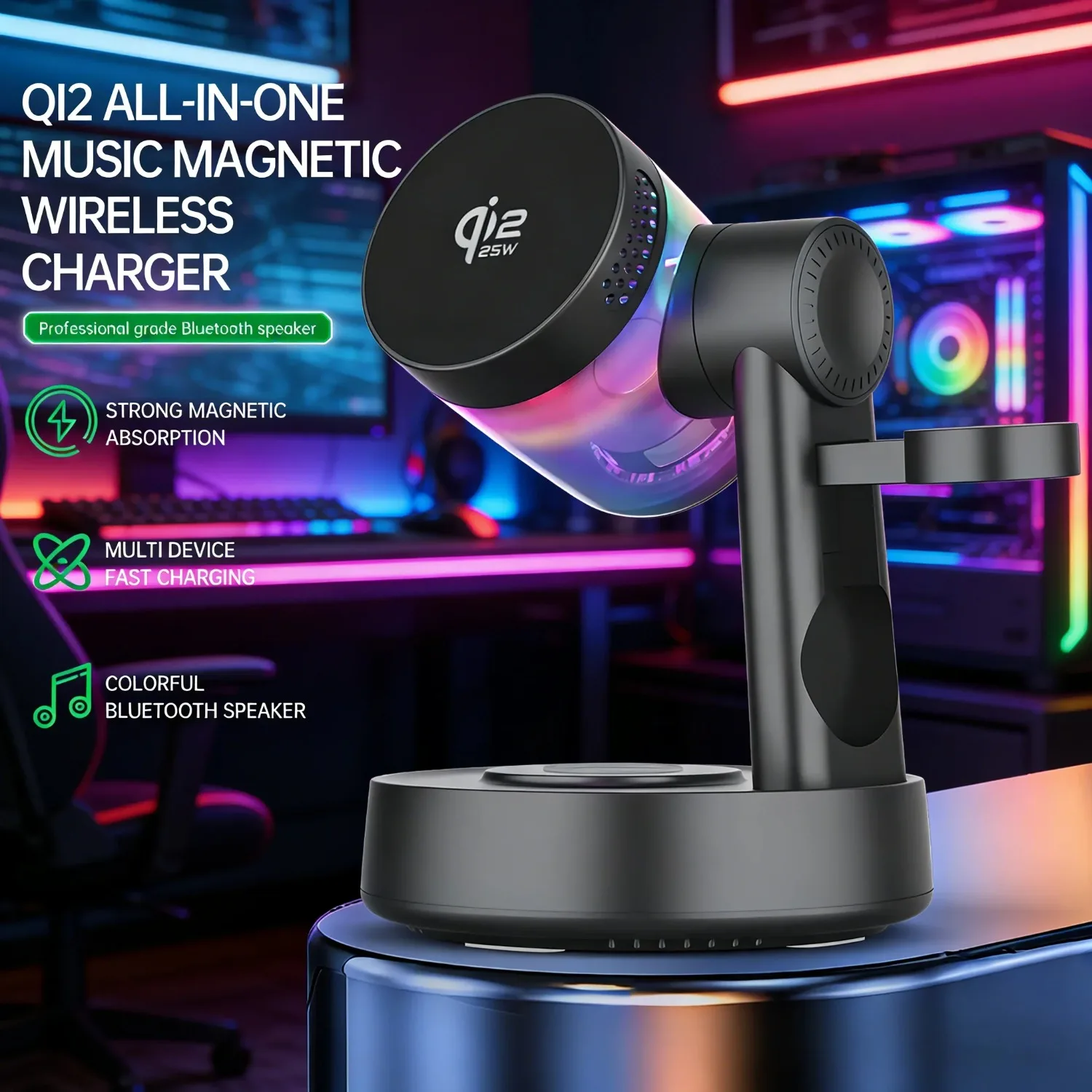 

Многофункциональная RGB-лампа с Bluetooth-колонкой 25 Вт и беспроводной зарядкой Qi2.2 для iPhone, Samsung, Apple Watch и AirPods
