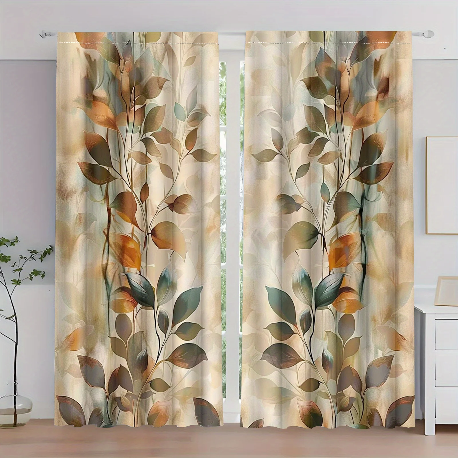 Luxurious Botanical Leaf Curtain Pair Gold Beige Tropical Floral Nature Drapes Window Panels for Living Room Bedroom Home Decor