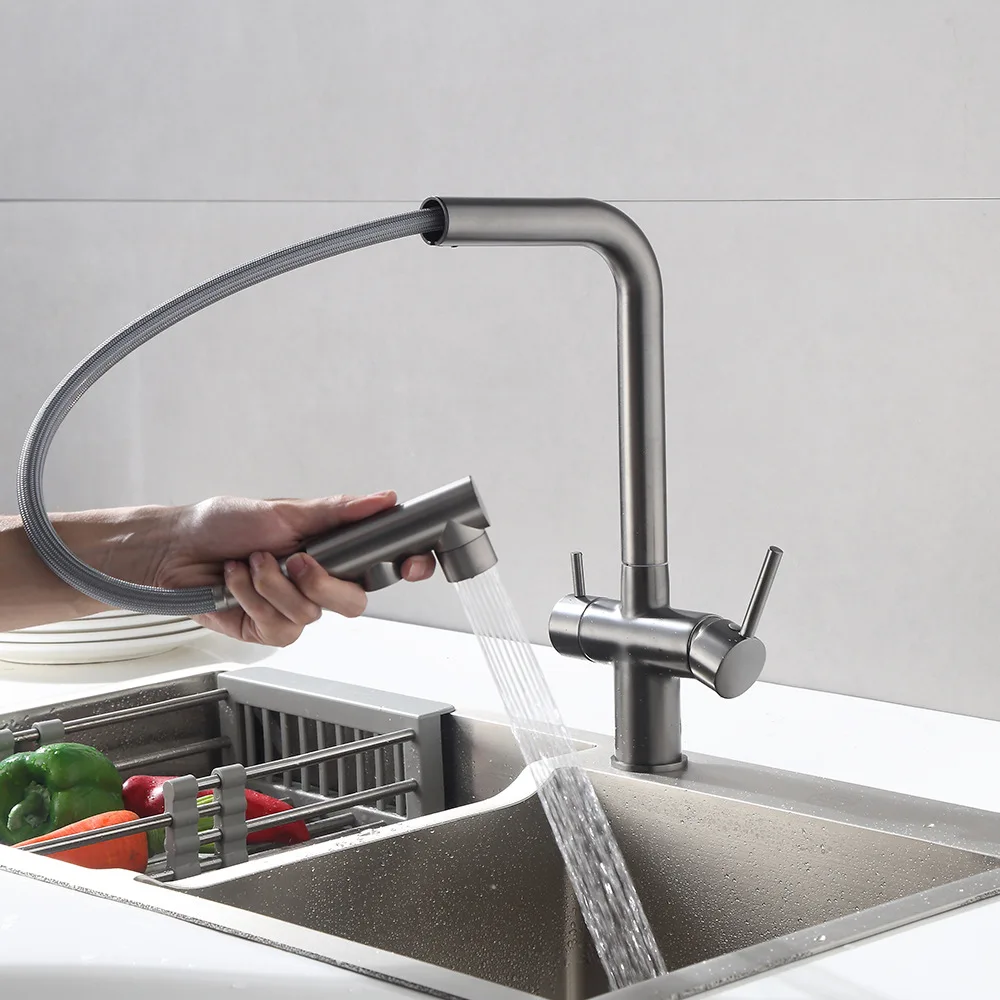 Filtered Kitchen Sink Faucet Pull Out Spray 360 Rotation Water Filter Tap Dual Sprayer Drinking Water Tap Vessel Sink Mixer