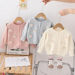 Spring Autumn New Children's Versatile Knitted Coat for Girl Baby Warm Cardigan Cute Rabbit Bow-tie School Outer Sweater HY07251