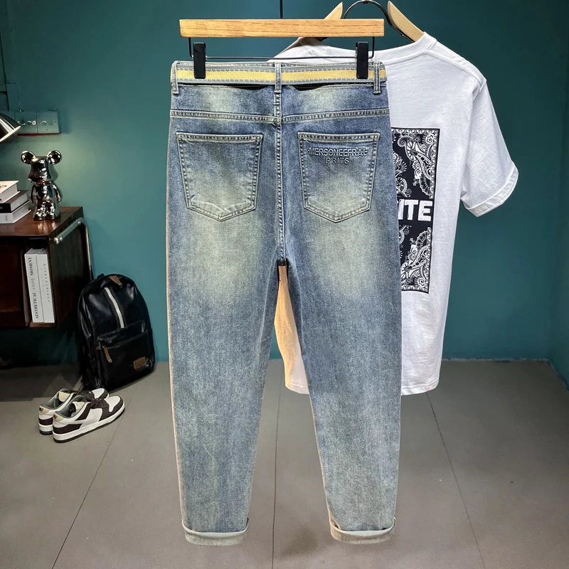 2024 Spring and Summer New Cropped Jeans Men's Thin Youth Korean Slim-Fitting Small Straight Casual Men's Clothing Trousers
