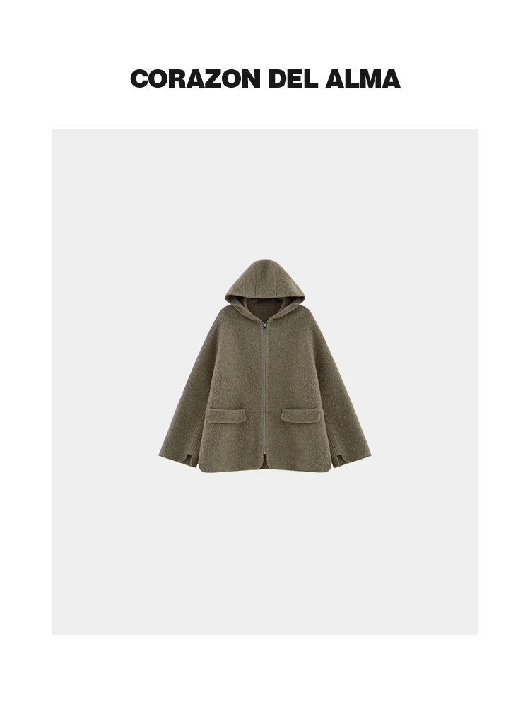 

Двустороннее шерстяное пальто с капюшоном на молнии, класса люкс, с эффектом предварительно носимой одежды, текстурой верблюжьей шерсти и дизайном из петлевой пряжи, бренд Corazon Del Alma
