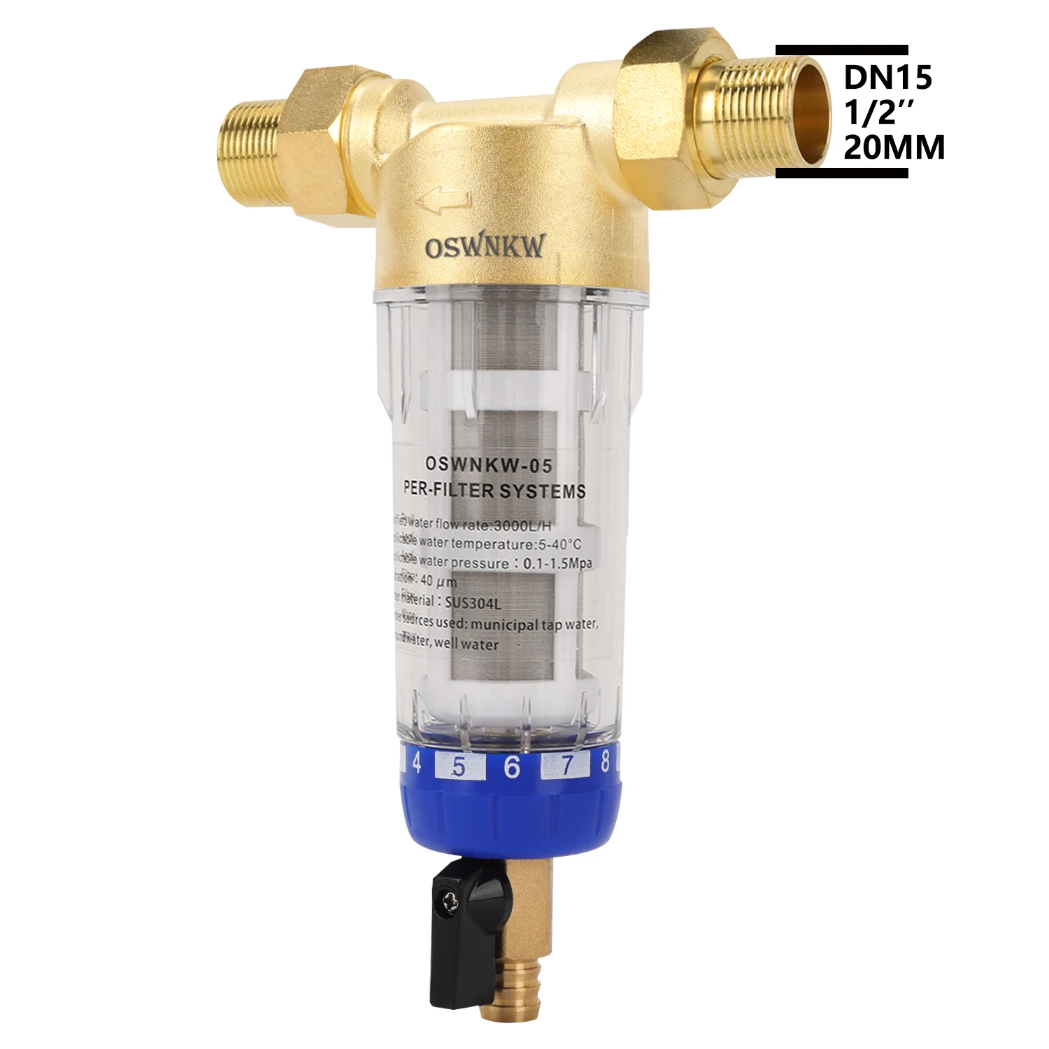 OSWNKW-05 Pre-filter Zuiveraar Hele Huis Spin-Down Sediment Waterfilter Centraal Voorfiltersysteem Terugspoeling RVS Gaas - afbeelding 1
