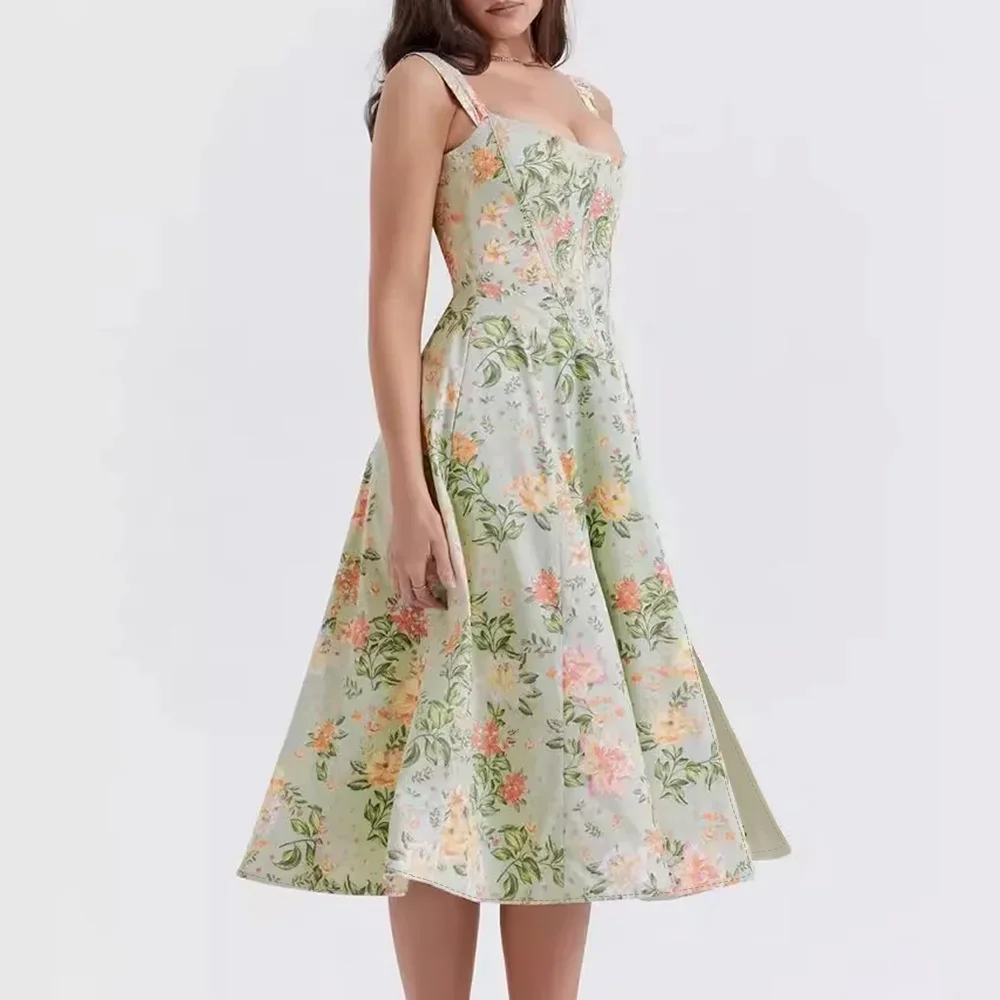 Sukienki CPSYMYM Wiosna Lato Moda Elegancka Rozcięcie Boczne Kwiatowe Bez Rękawów Kwadratowy Dekolt Midi Falbanki Sukienki Damskie