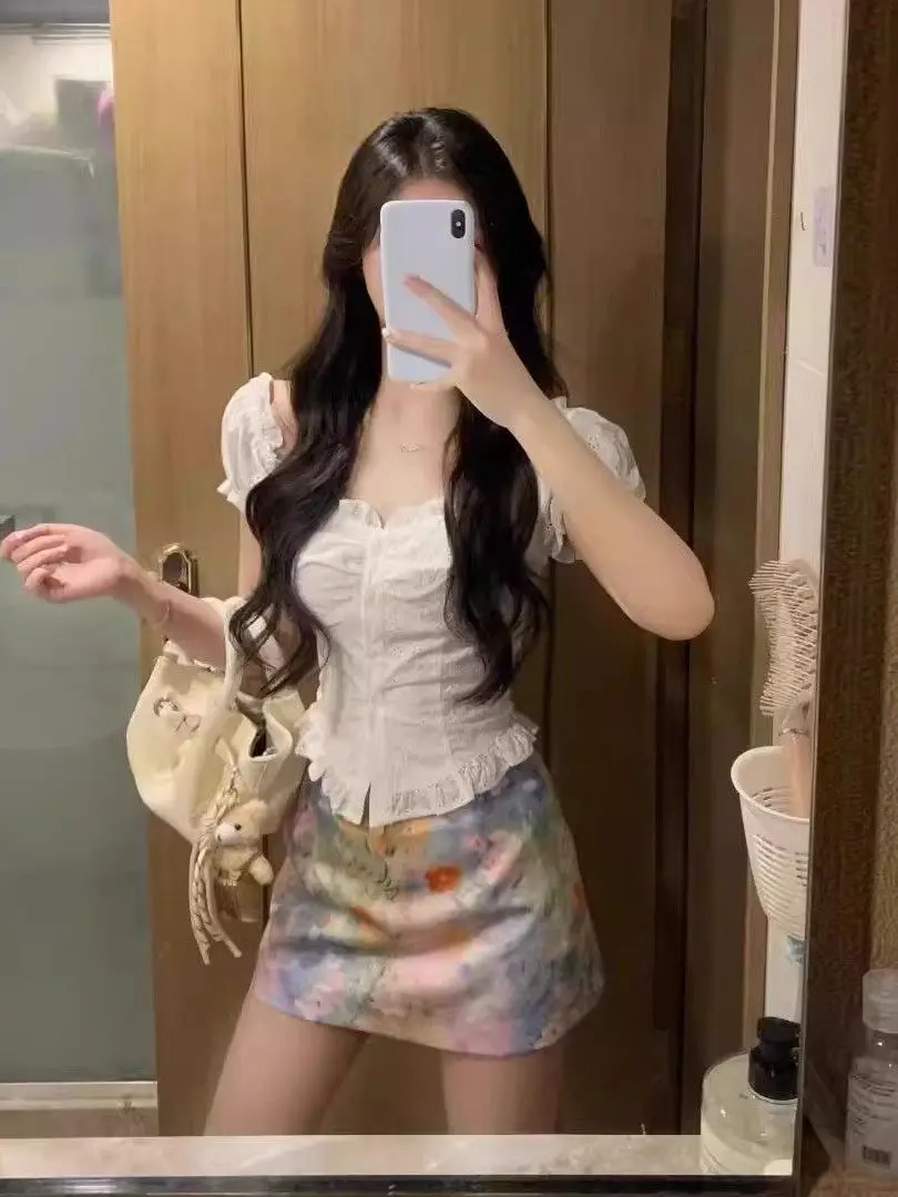

Pure Desire Hollow out One Shoulder Bubble Sleeve Shirt Slim Design Floral Print Two Piece Set Summer Fashion Women's Clothing