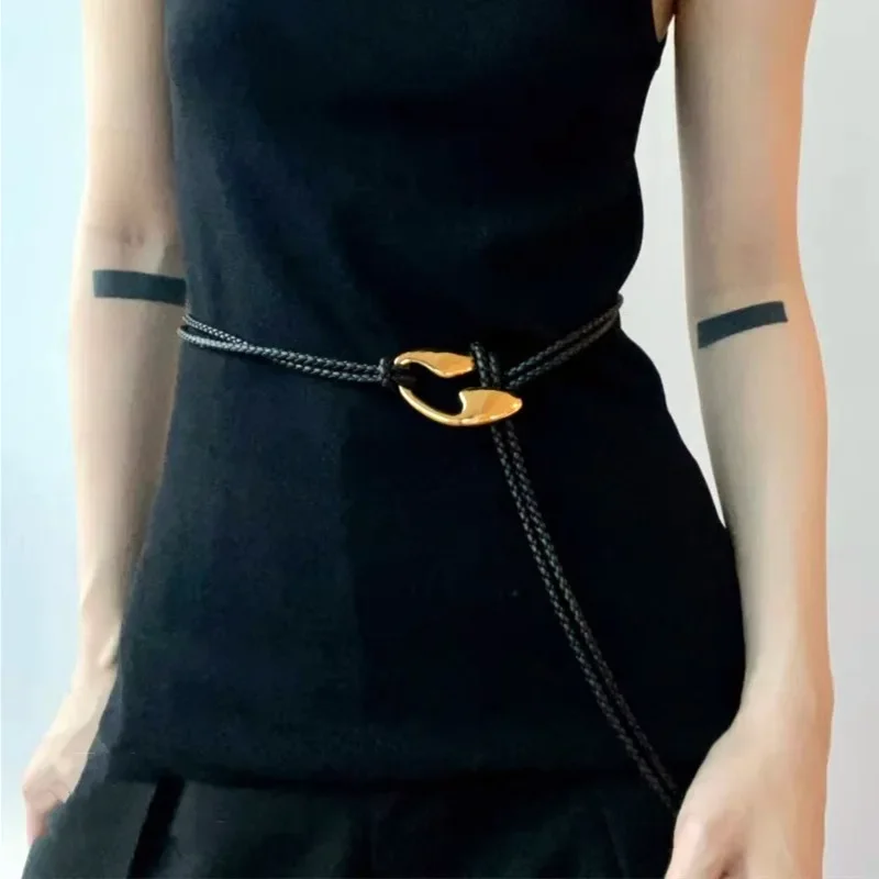 Gold Hollow Metal Braided Knotted Leather Rope Waist Chain Belt