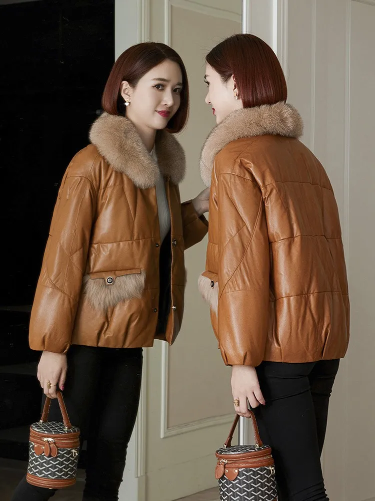 Piumino invernale da donna in vera pelle Collo in pelliccia di volpe Giacca casual ampia vestibilità addensata Capispalla in pelle di pecora da donna stile corto caldo
