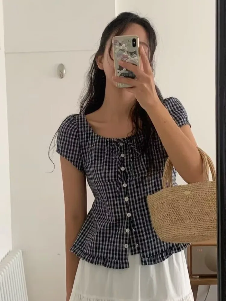 

Korean Chic Plaid Shirt Women's Summer 2026 New Belt Wood Ear Short Sleeve Top Straight Tube Regular Buttoned Collar