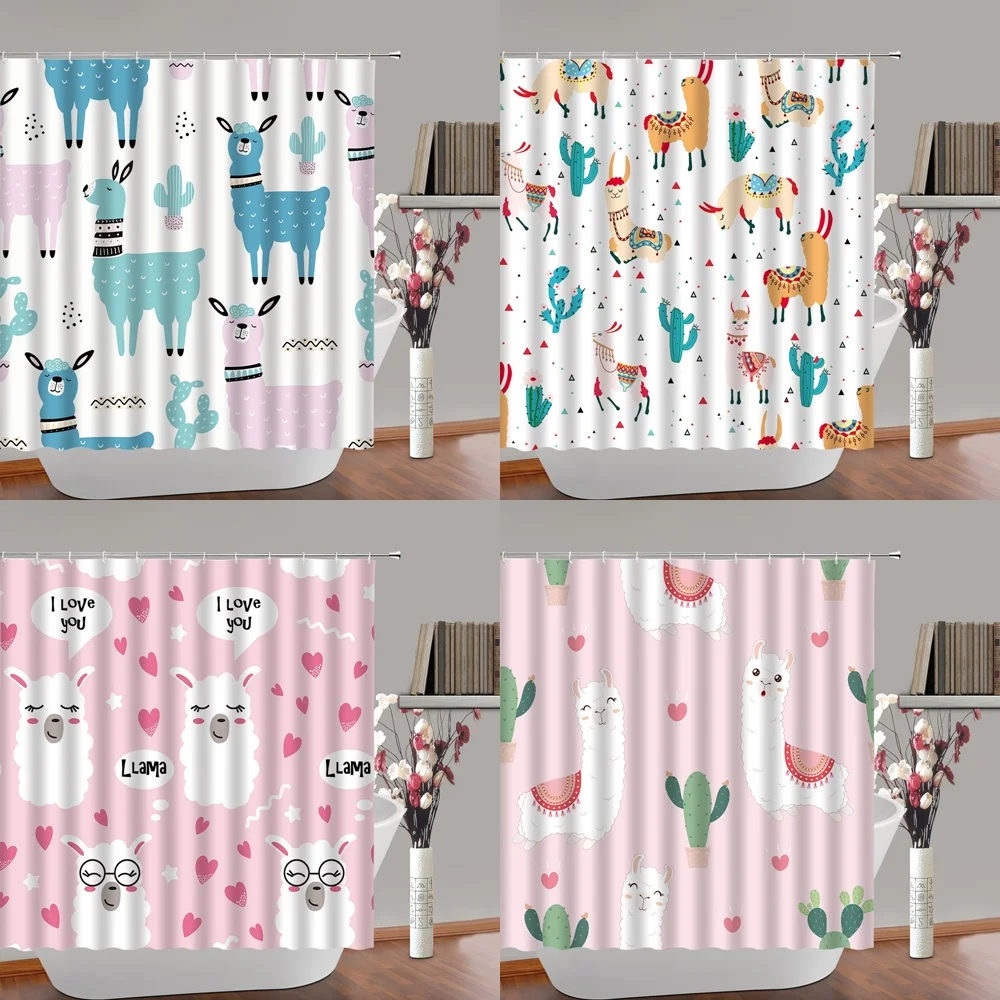 

Cute Llama Alpaca Shower Curtain Bathroom Curtains for Kid Fun Cartoon Animal Colorful Boys Cactus Bath Decor Fabric Screen Home