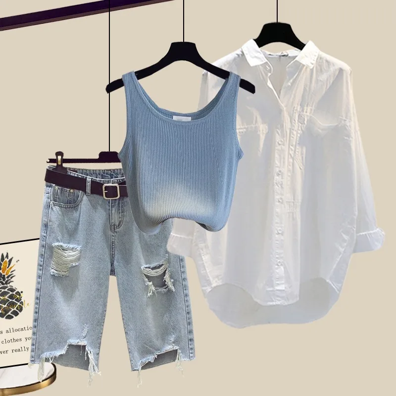 

plus Size Casual Korean Style Women's Summer New Shirt Vest Denim Shorts Three-Piece Set High Waist Short Pants V-Neck Loose Fit