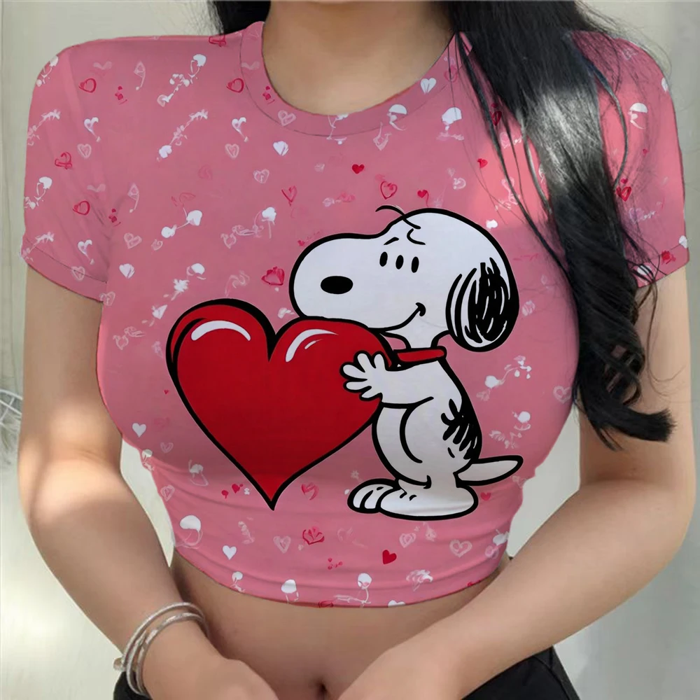 

Women's O Neck Crop Top Summer Casual Slogan Snoopy print Cropped Slim Fit Short Sleeve T-Shirt