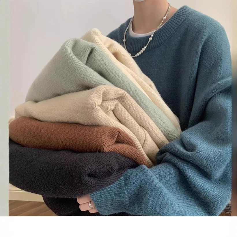 

Мужской вязаный свитер в японском ретро-стиле, толстый базовый слой, осенне-зимний, свободный крой, удобный, с длинным рукавом, круглым вырезом, в стиле кэжуал