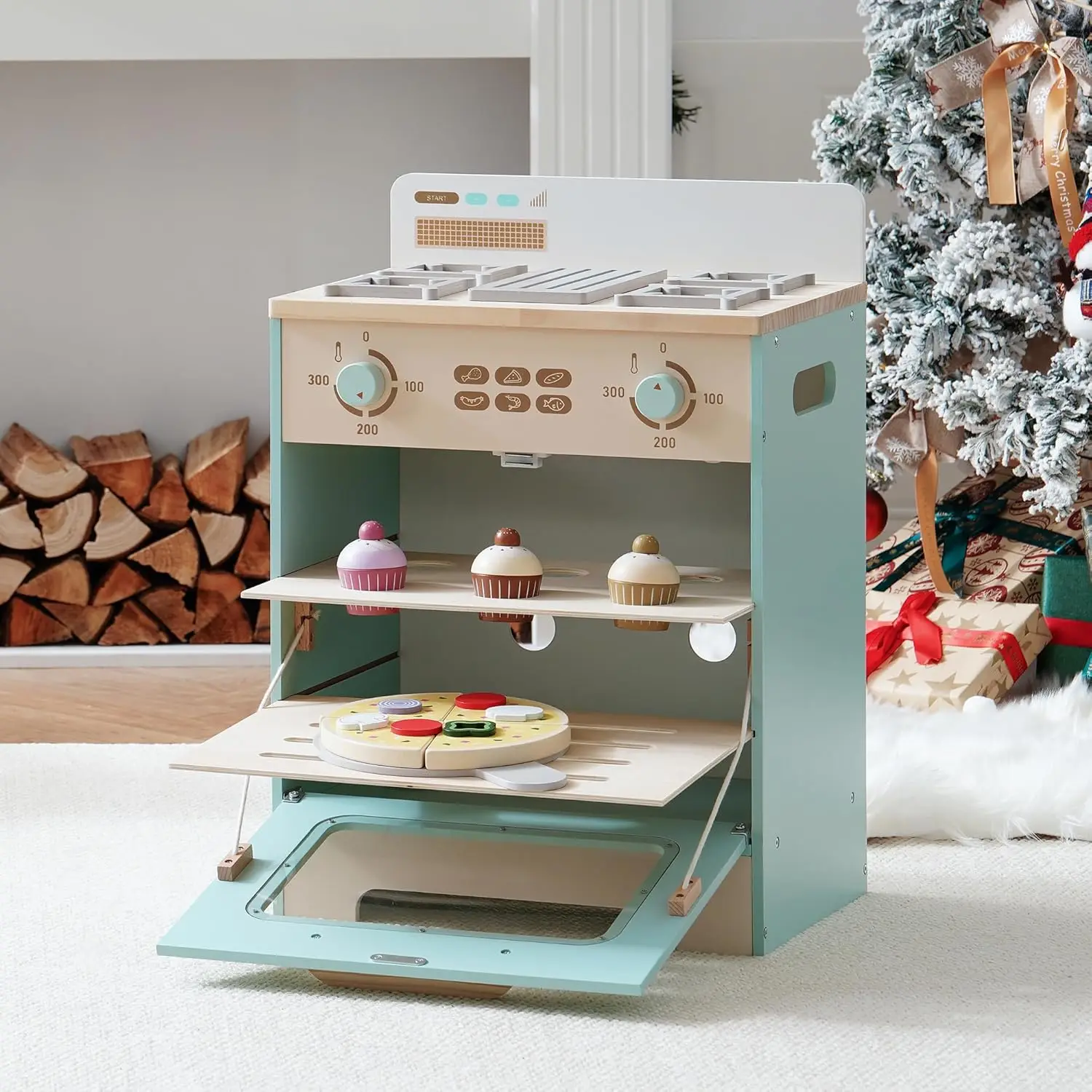 Juego de horno de cocina de madera, juego de simulación Montessori, accesorios de cocina con Pizza y Cupcakes, juguetes de comida, Pizza de madera Ove