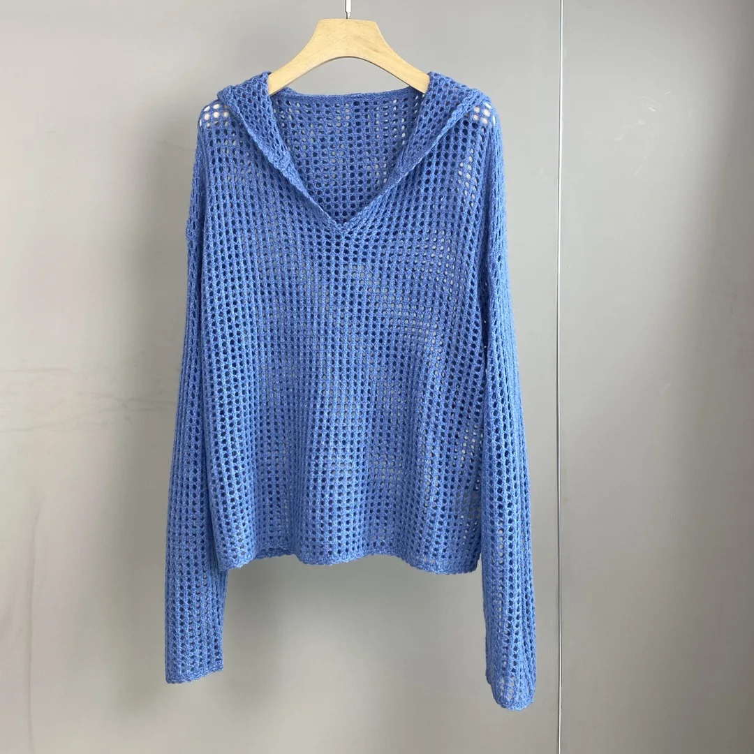 25 outono e inverno novo cashmere com capuz oco malhas femininas manga longa solta camisola superior