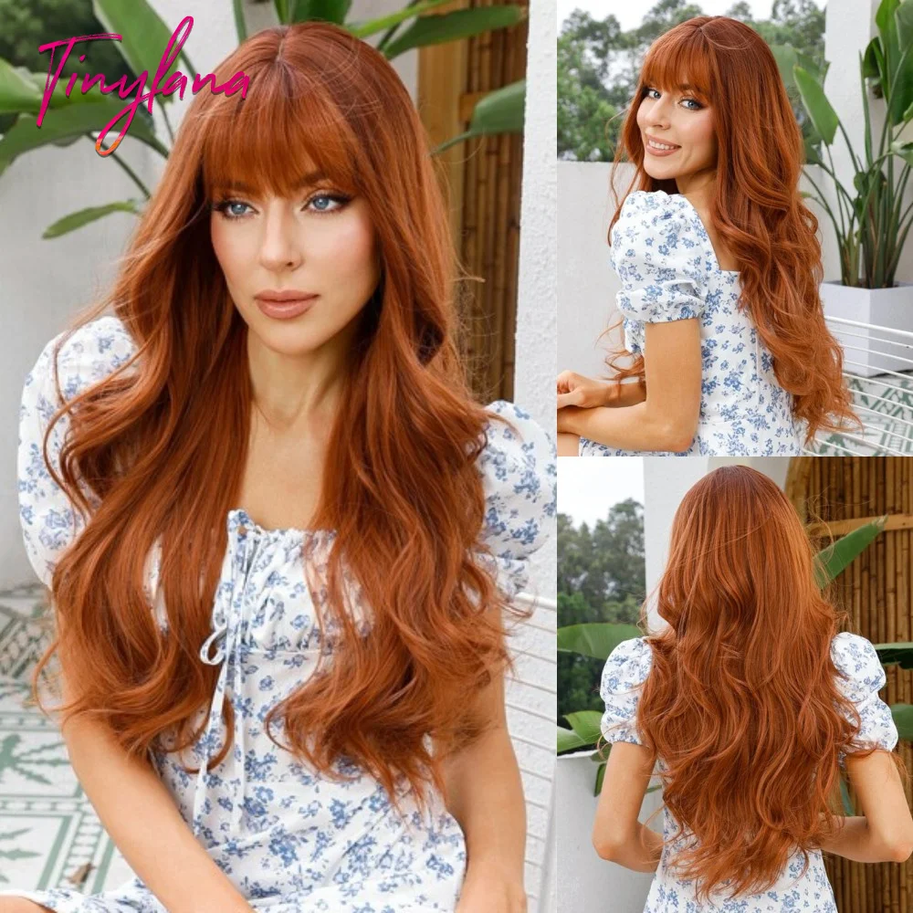 Long Wavy Orange Brown Synthetic Wig with Bangs, Cosplay