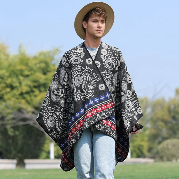 

Autumn and Winter New Printed Cape Shawl Warm Men's Hot Selling Split Cape Travel Driving Multi-purpose Poncho Cloak