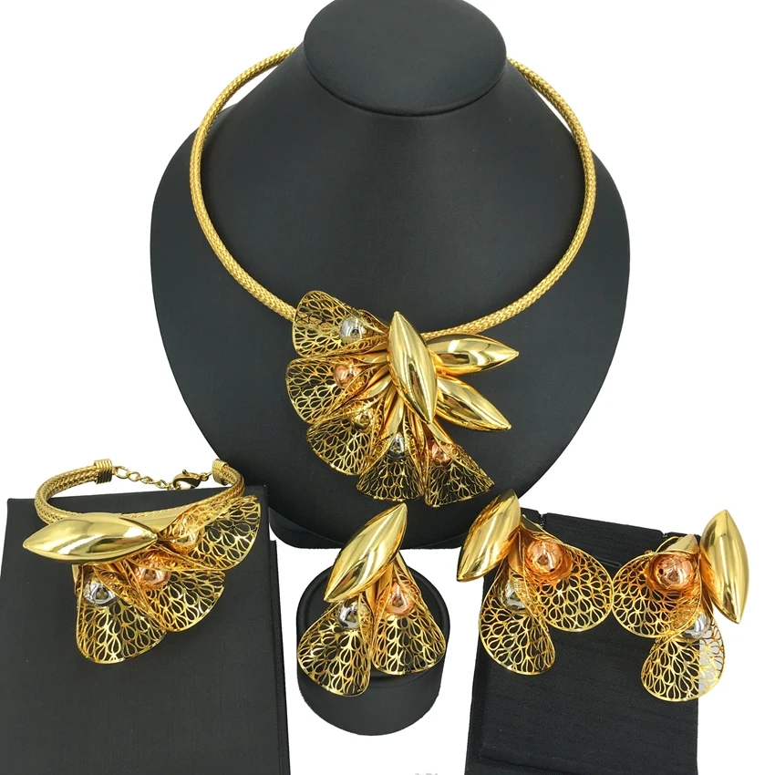 Latest Exquisite Brazilian Gold Plated Fashion Jewelry Set Wedding Bridal Colorful Full Copper Necklace Gifts FHK14411