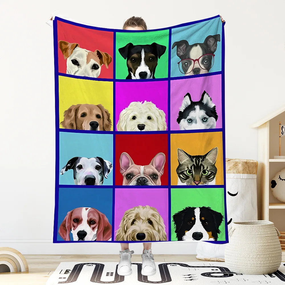 Colorful Pet Portrait Collage Art Fleece Blanket For Living Room Decor Lightweight Plush Throw Blanket Cover