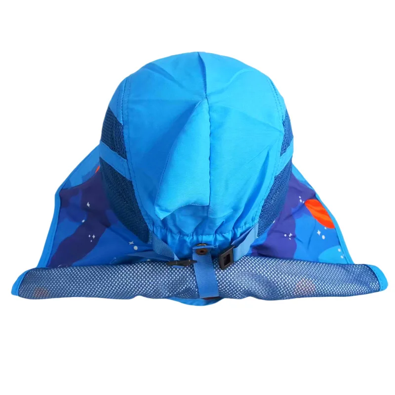 Chapeau de soleil avec rabat de cou pour enfants, bleu, avec sangle, accessoire de Protection solaire d'été pour la plage et l'extérieur