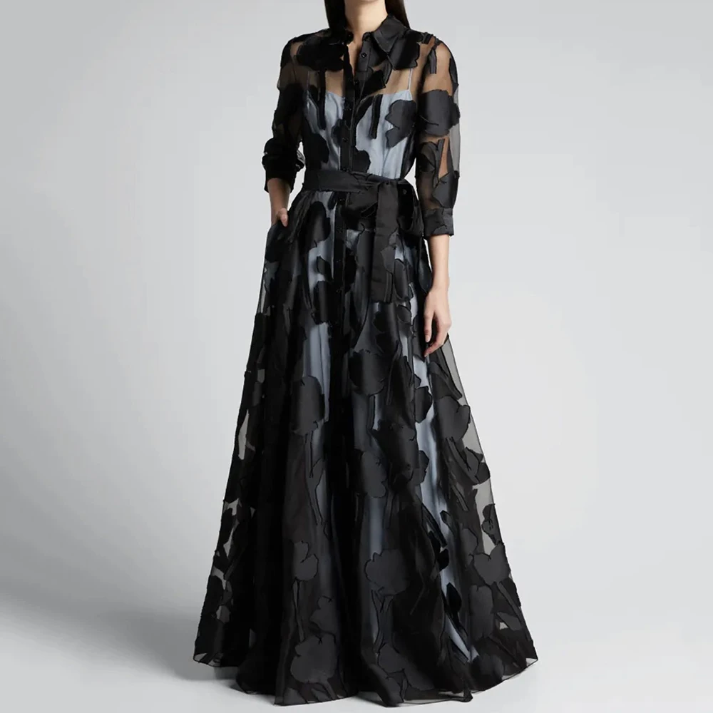 Women’s Jacquard Mesh Maxi Dress Black Sheer Lapel Long Sleeve Lace Up Club Party Sexy Knotted Waist Dresses Summer Sun Dresses