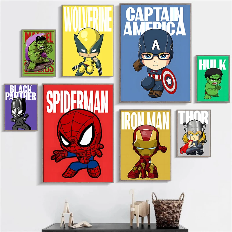 MINISO Cartoon Marvel Superhero Poster SpiderMan Iron Man The Avengers Wall Art Poster HD Canvas Printing kids Room Home Decor