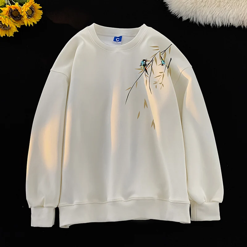 Japanese Trend Sweatshirt Bamboo Leaf Pattern Sweatshirt Relaxed Casual Pullover Sweatshirts Round Neck Long Sleeve Top