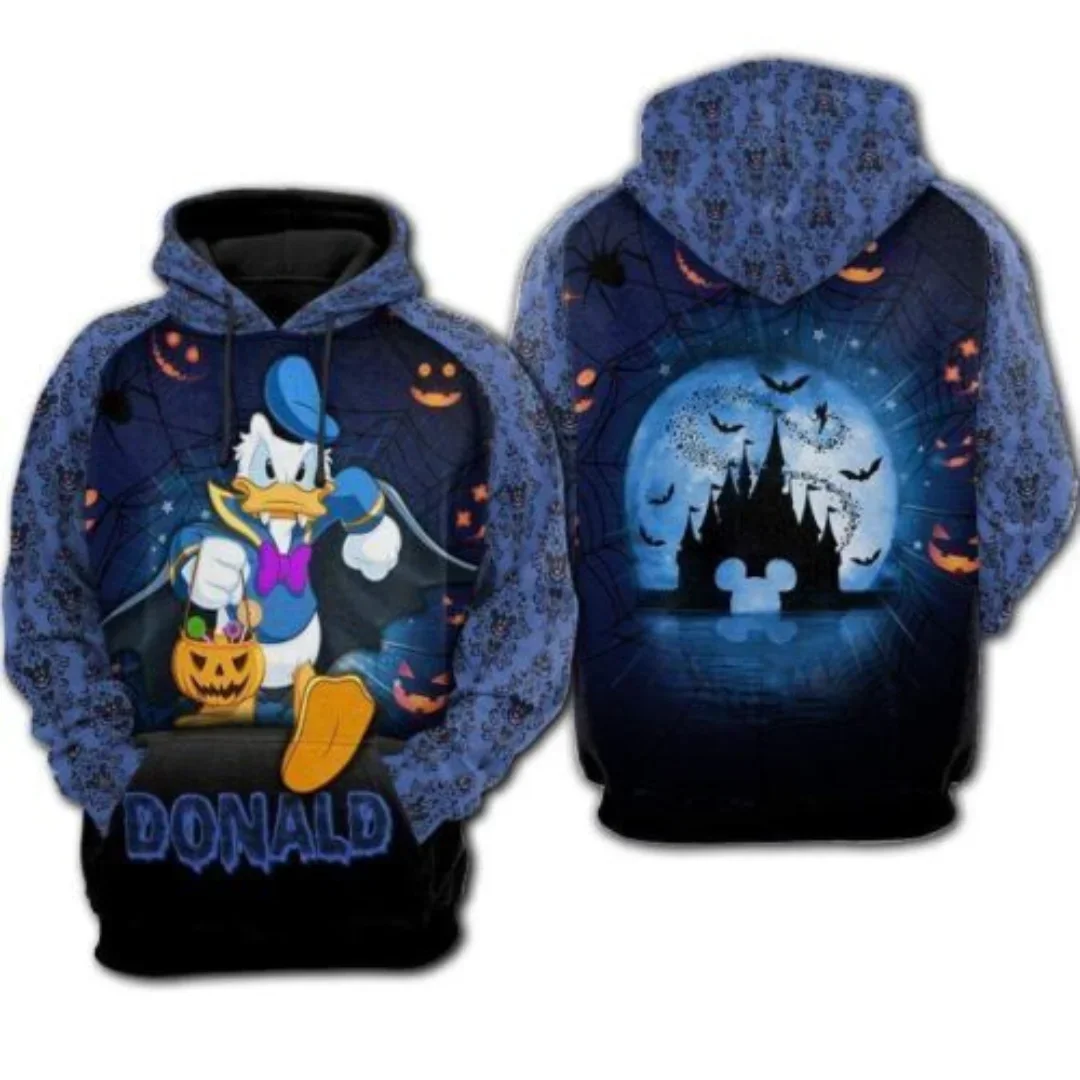 Disney Halloween Hoodie Men\'s Women\'s Fashion Sweatshirts Donald Duck Wizard Disney Castle Halloween Night Zip Hoodie Casual