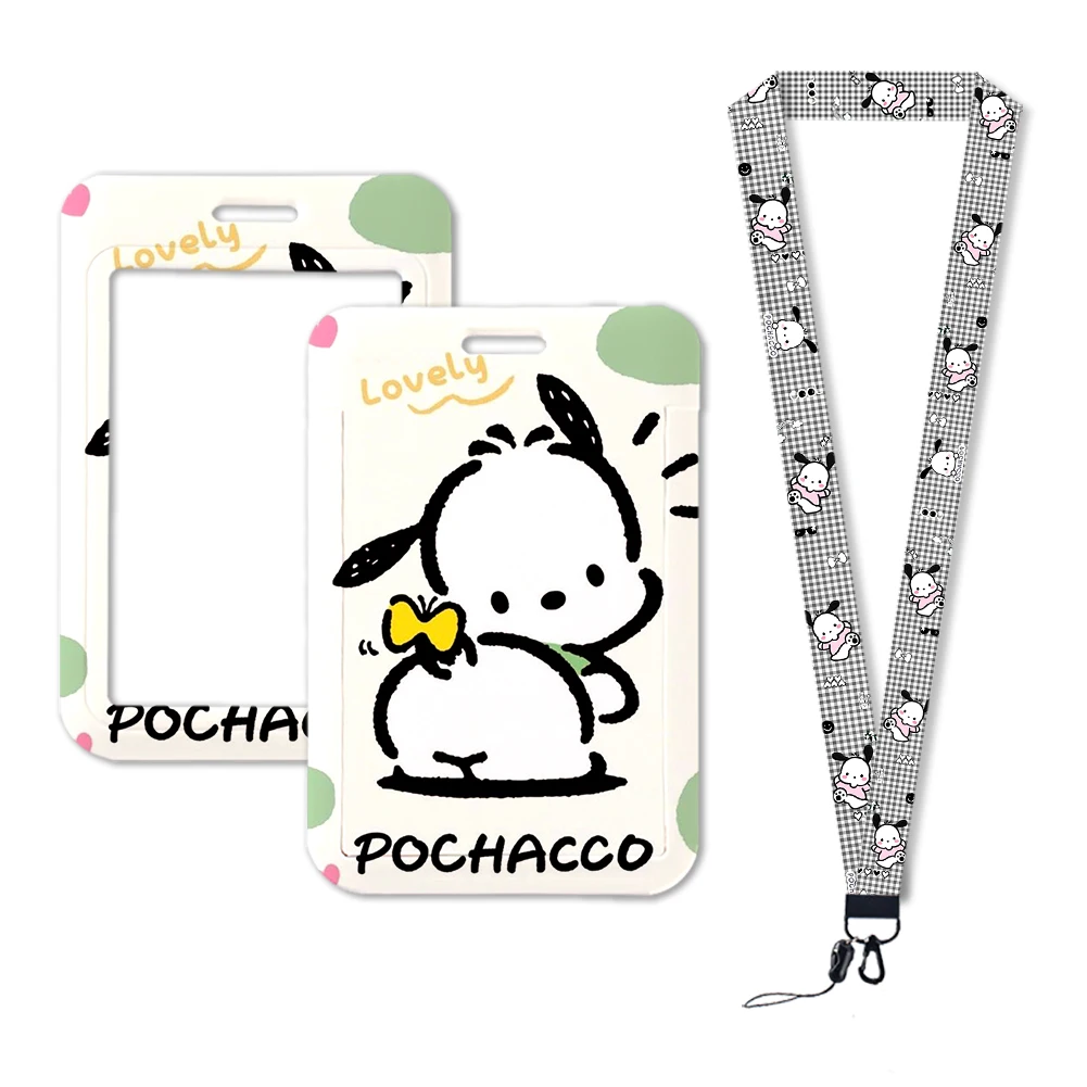 LLavero de dibujos animados de Sanrio Pochacco, funda para foto, tarjeta de identificación, correa para el cuello, Soporte para tarjeta de perro lindo, llavero de cuerda