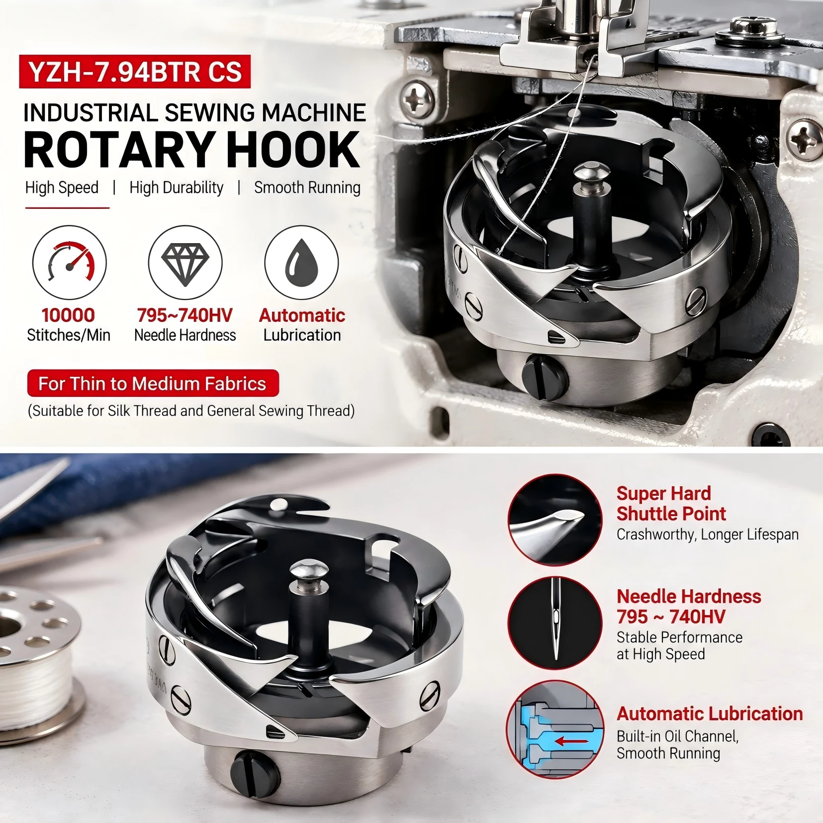 7.94BTR(CS) Standard Rotary Hook Fits 1-Needle Lockstitch Sewing Machines JUKI 8700-7, 9000, BROTHER S7200, JACK A3, A4, A5, A6