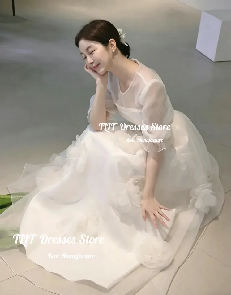 TLIT Customized O-Neck Short Sleeves Korean Wedding Dresses Handmade Flowers A Line Organza Bridal Party Dresses Evening Gown