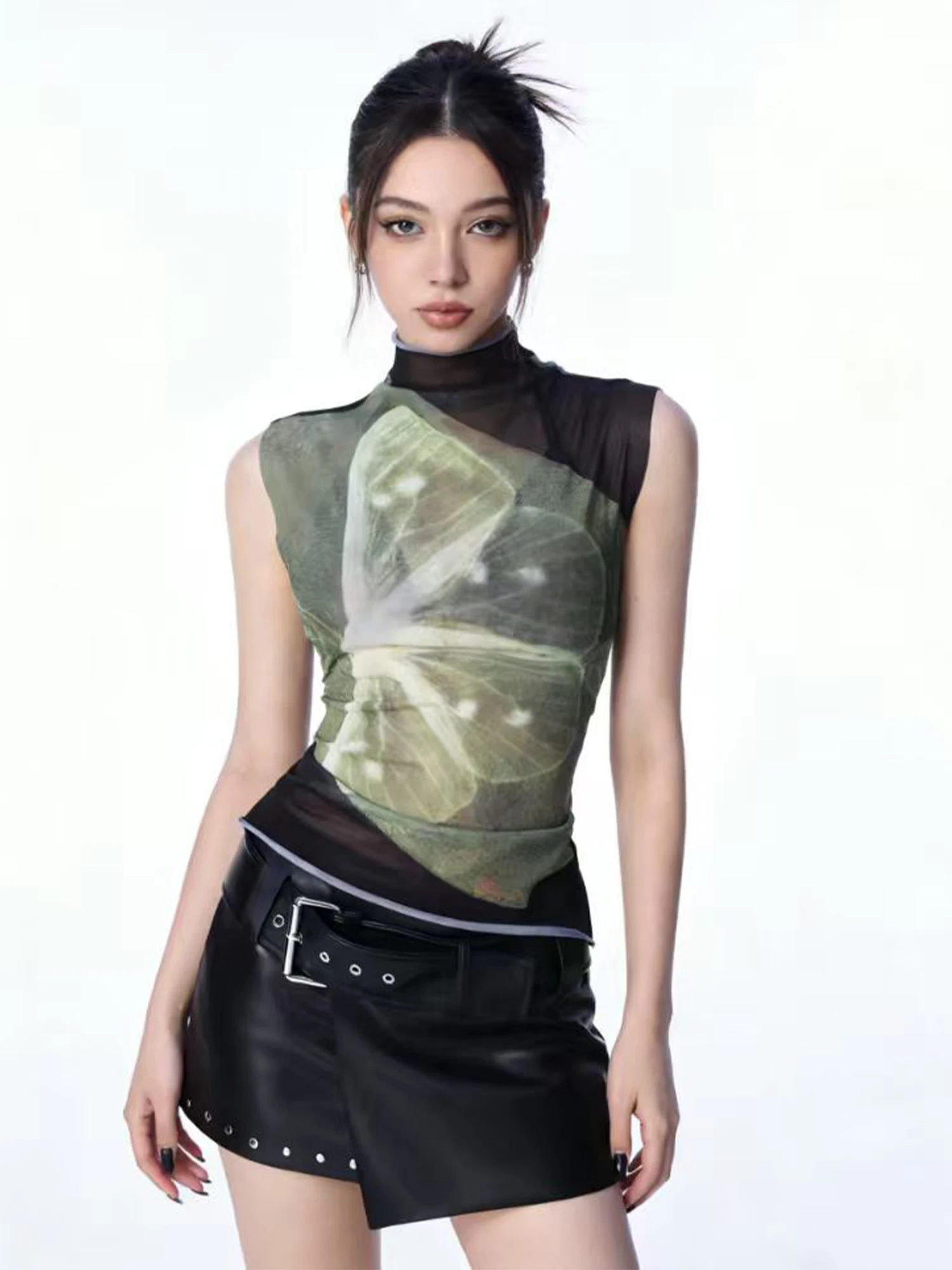 Damen Vintage Y2K Grünes Tanktop mit Schmetterlingsdruck, Mock-Neck Camisole, Netz-Ärmelloses T-Shirt, Gyaru Korsett-Top, Sommer 2026
