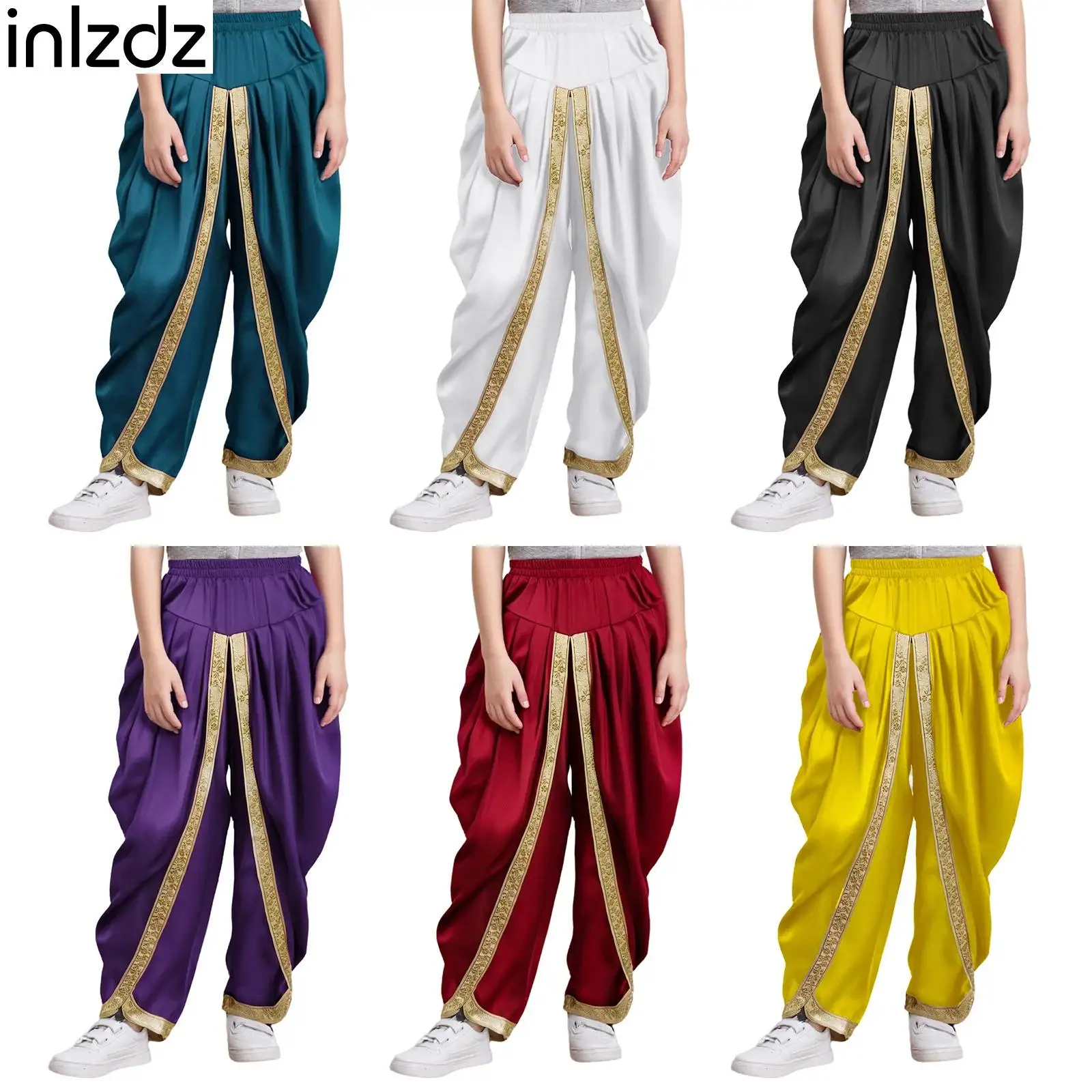 

2025 Kids Boys Satin Dhoti Cosplay Pants Teens Casual Stretchy Draped Baggy Trousers for Halloween Theme Party Fancy Dress Ball