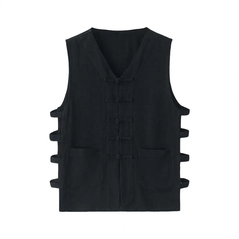 Men Vest Anti-shrink Men Vest Retro Disc Buckle Design Men's V-neck Sleeveless Tank Top Loose Fit Solid Color Casual Street