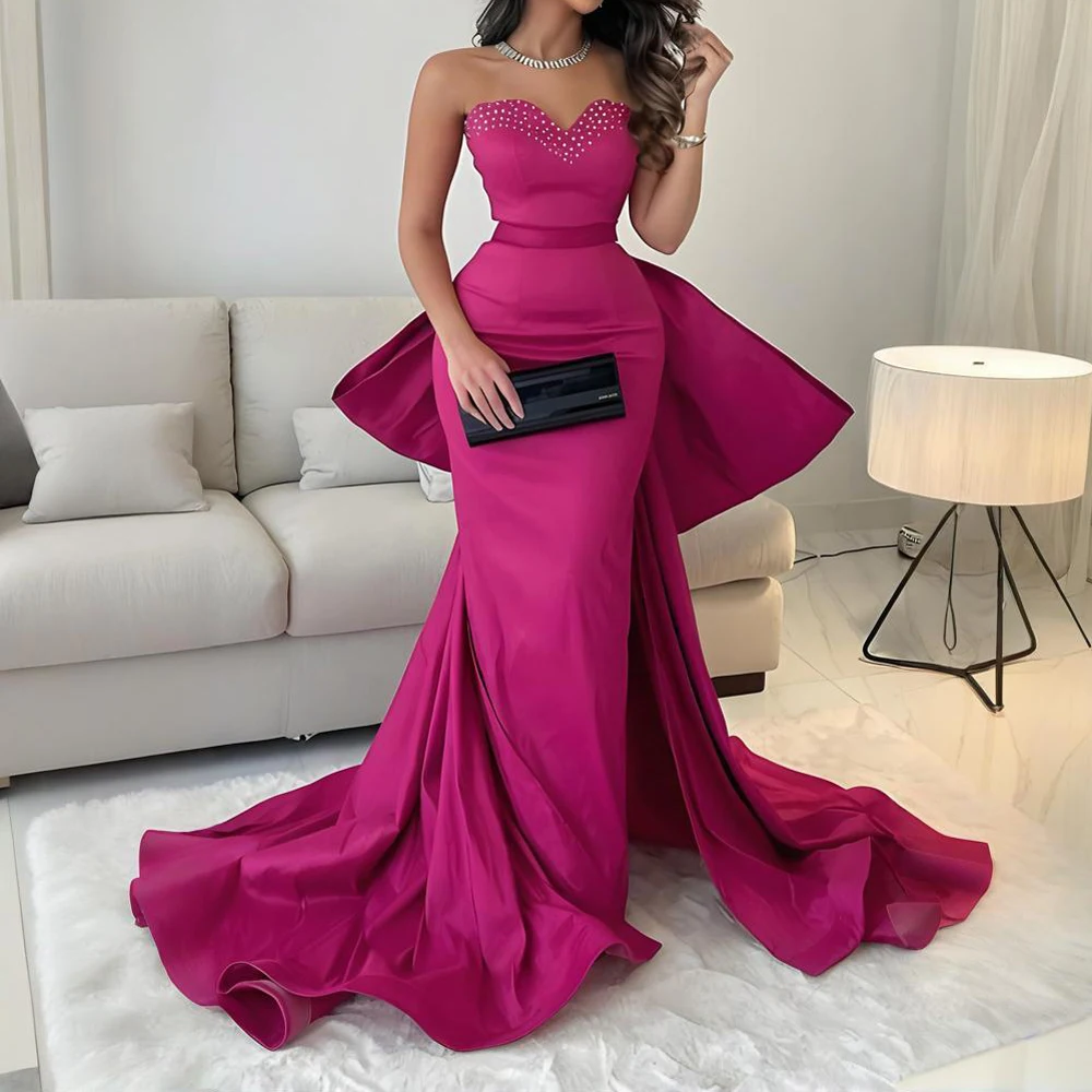 

formal dresses evening gown Fuchsia Mermaid Prom Dresses Beaded Crystal Party Dress with Bow Sweetheart Backless arabic Evening