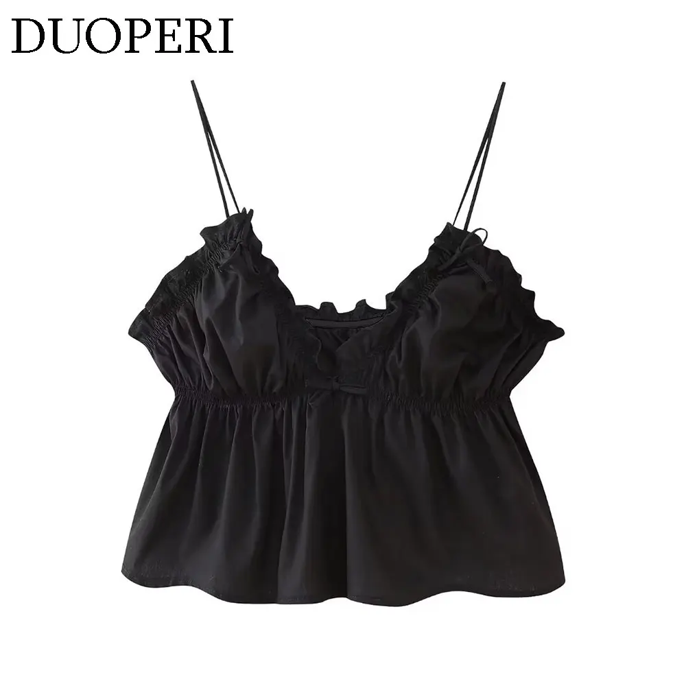 DUOPERI Women Fashion Satin Textured Backless Lace Up Cropped Camisole V-Neck Thin Straps Female Chic Lady Casual Crop Top Tank