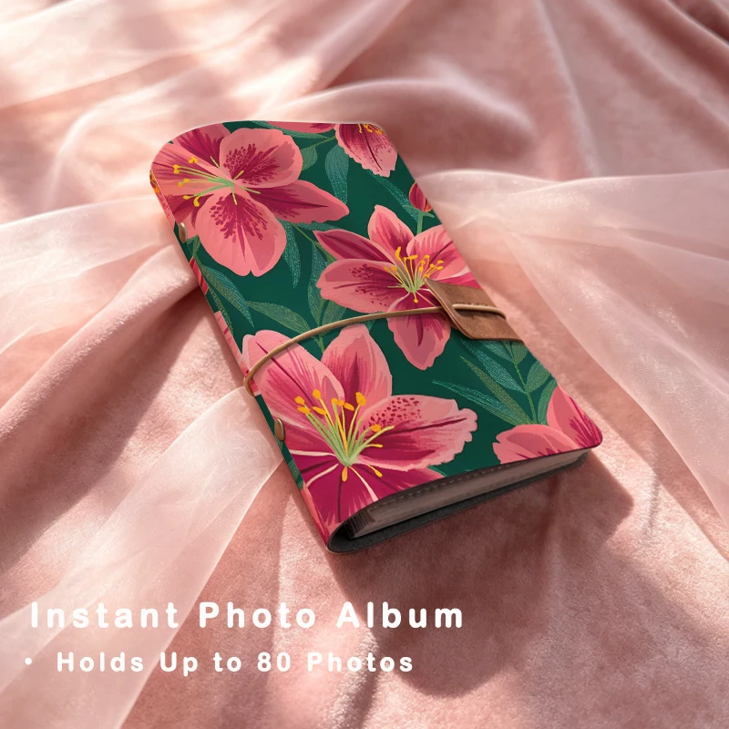 Vibrant Magenta Pink Lily Fresh Green Leaf Print Vertical Instant Photo Album Elegant Gift for Women & Tropical Flower Art Lover