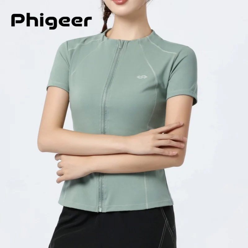 

PHIGEER yoga top with full zip lightweight short sleeve breathable athletic running jacket women quick dry gym golf tennis shirt