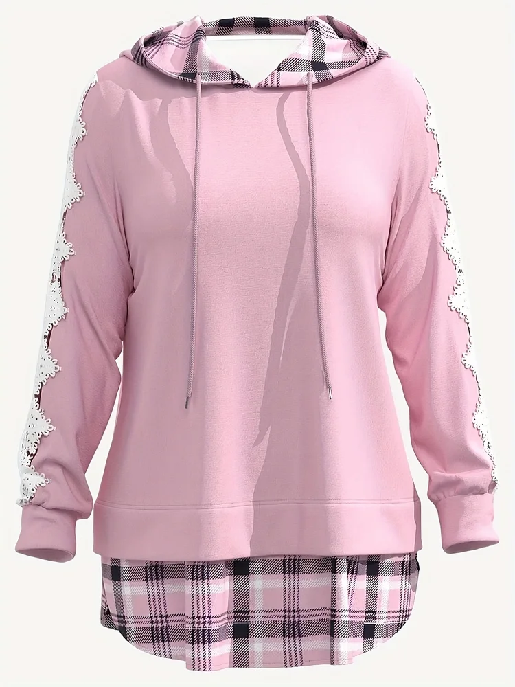 Sudadera de talla grande con estampado a cuadros para mujer, jersey de manga larga con cordón en contraste, ropa de otoño