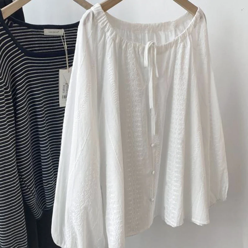 Korean O-Neck Lace Up Women Shirts Elegant Lady Embroidered Lantern Sleeve Blusas 2025 Summer Casual Loose Holiday White Blouses