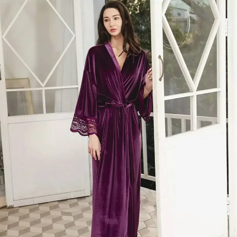 

Luxury Court Female Velvet Kimono Robe Sleepwear Sexy Lace Wedding Dressing Gown Soft Lengthen Nightwear Bathrobe Soft Home Wear