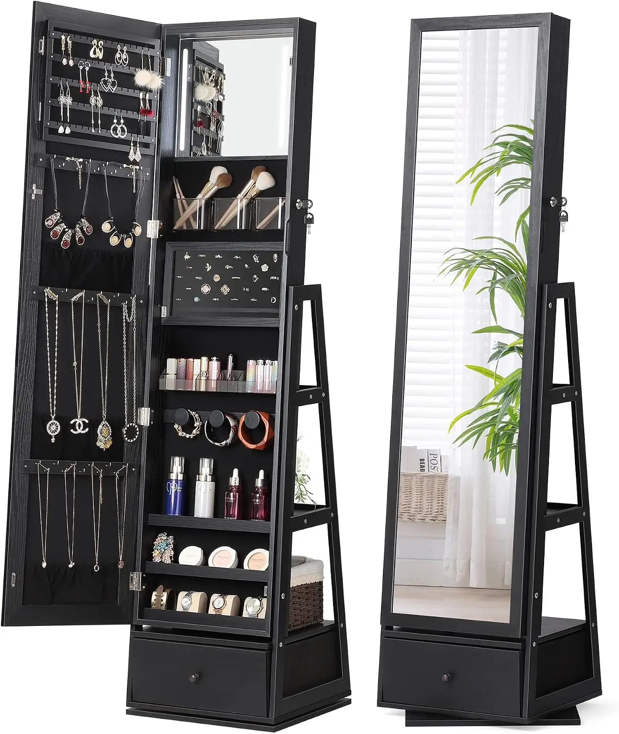 Black Full Length Mirror 360 Swivel Lights Jewelry Cabinet